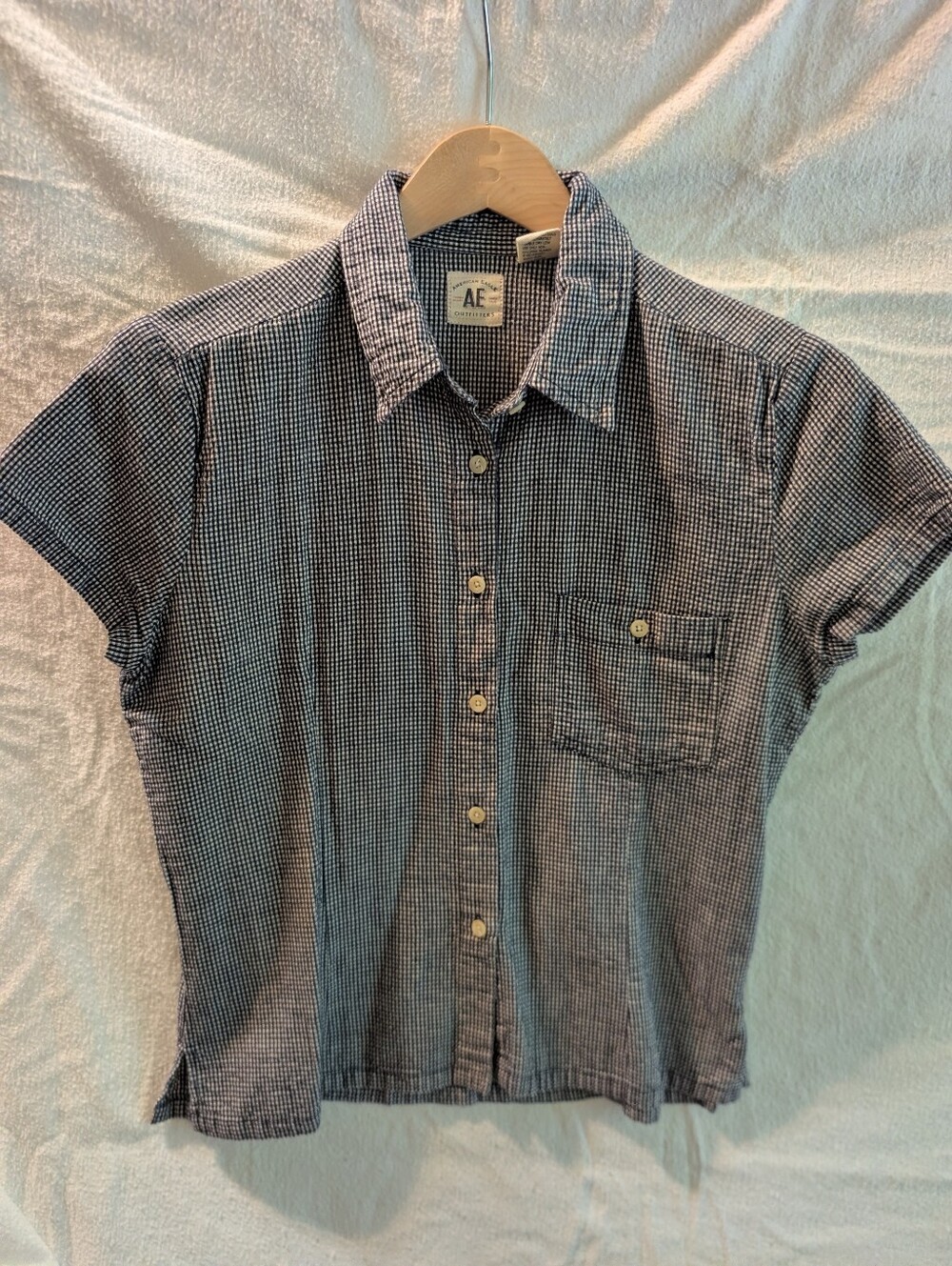 American Eagle Outfitters Navy and White Check Short Sleeve Button-Down Shirt